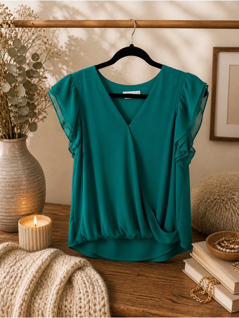 Suzy Shier Teal Flutter Sleeve V-Neck Blouse